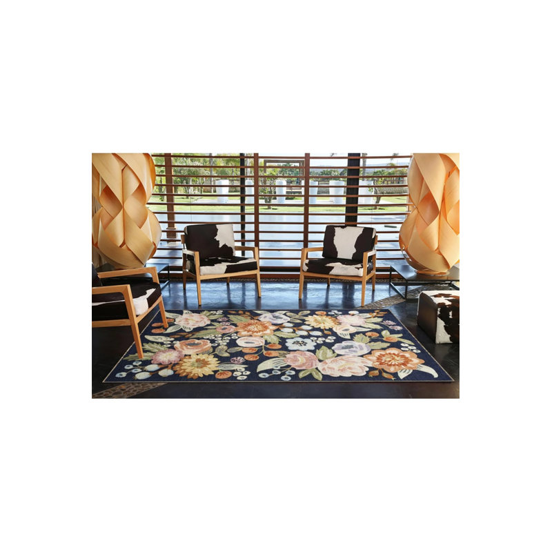 Navy Blue Themed Floral Multicolored Flower And Rose Patterned Modern Decorative Carpet, Rectangle 3'4" x 6'7"