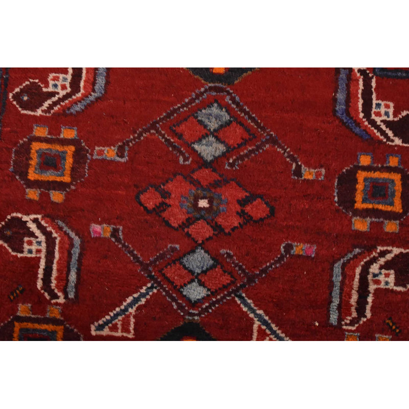 Tapis rouge rétro en laine noué à la main 3 pi 6 po x 9 pi 8 po Tribal Vintage