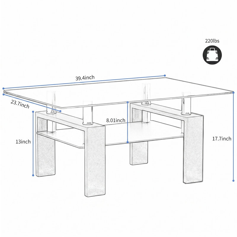 Nansi Glass Coffee Table, Living Room Table and Center table with 2-Tier Storage Shelves, Modern Design with Metal Legs