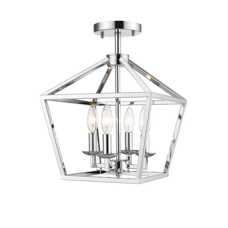 4-Light Shiny Nickel Metal Caged Flush Mount