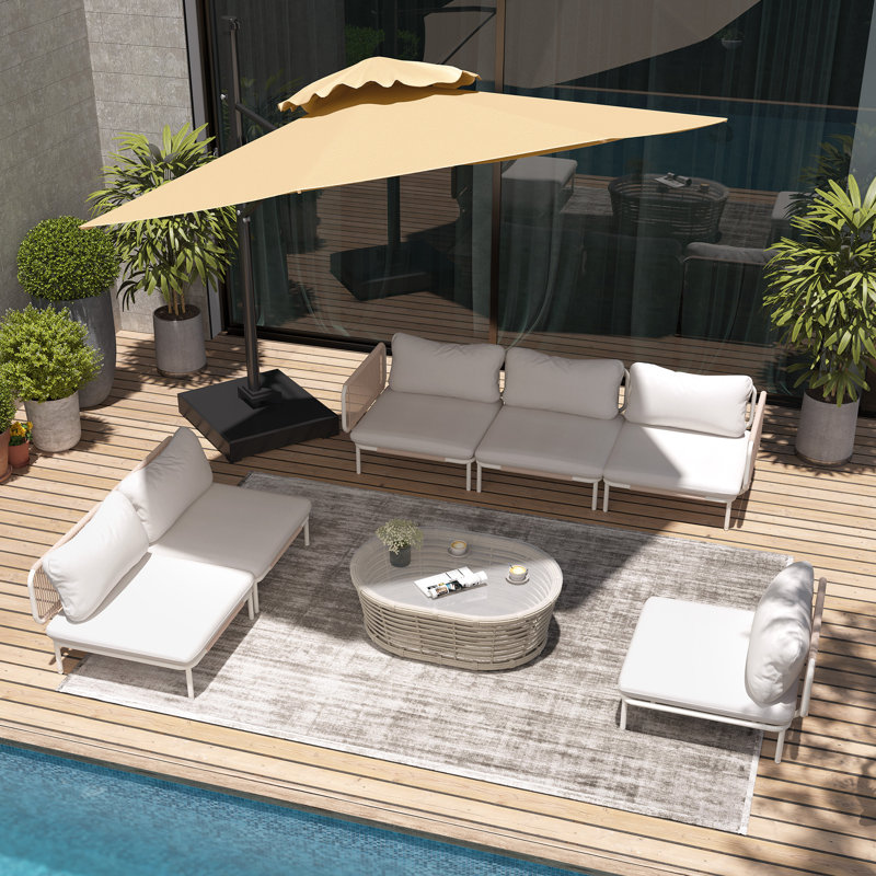 Imir 6 - Person Outdoor Patio Sectional Sofa with Cushions, Beige Cushion/Natural Frame