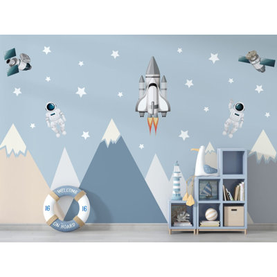 Murale «Blue Mountains Astronauts» pour enfants | Papier peint Rocket and Stars Nursery | Non-tissé ou pelez et collez