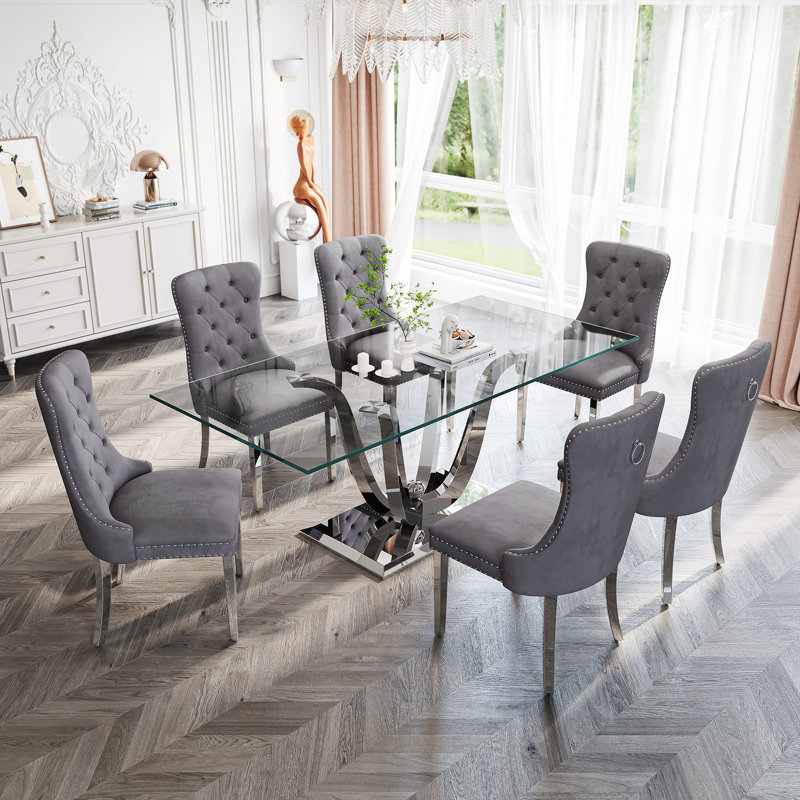 Glass Top Metal Base Dining Table With 6 Velvet Dining Chairs,7 - Piece Pedestal Dining Set, Gray, Silver
