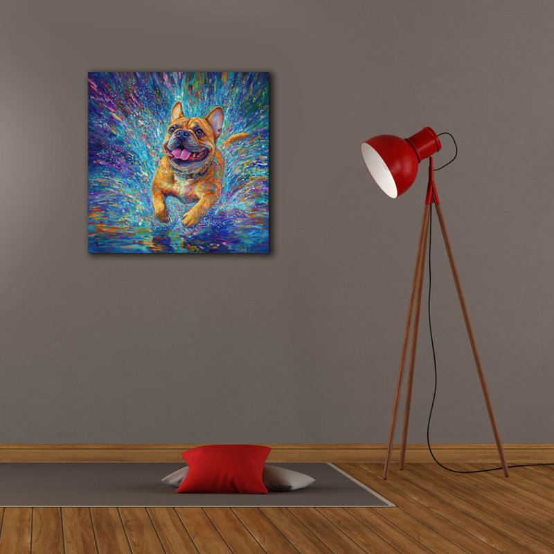 «Buldog In The Rain Puddles» par Rich Monet, art mural sur toile, H 26 po x l 26 po x P 1,5 po