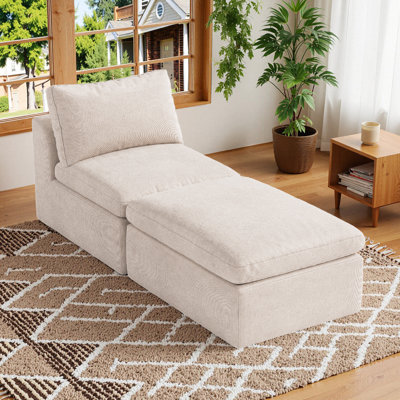68" Boneless Cloud Chaise Lounge Chair with Ottoman, Mousse Velvet, Dual Layer Foam, Movable Backrest, No Assembly,White