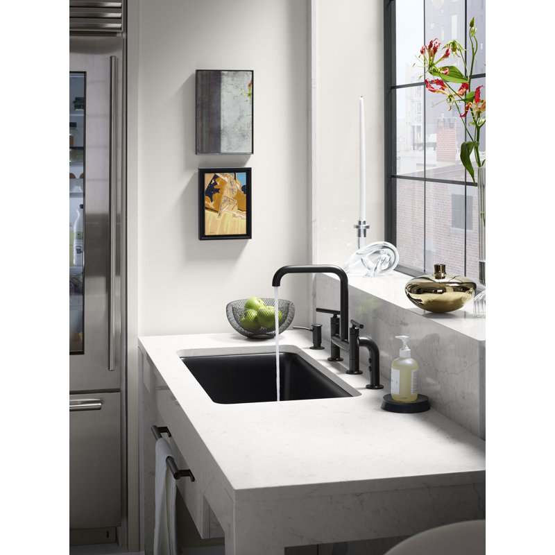 Kohler Purist® Two Handle Deck-Mounted Bridge Kitchen Sink Faucet with Pull Out Side Sprayer, French Gold