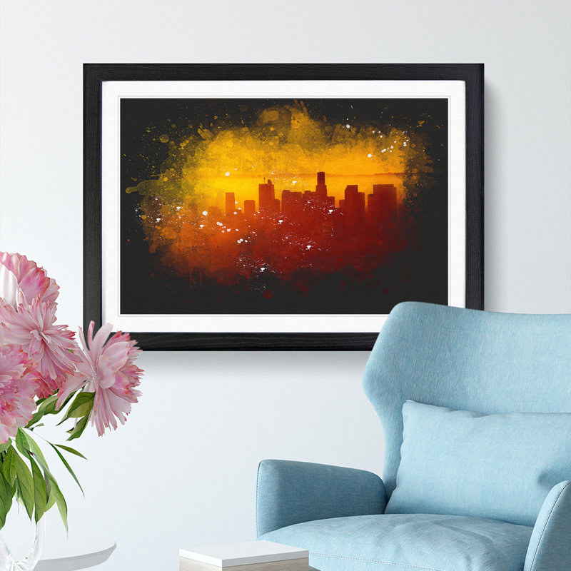 Downtown Los Angeles At Sunset Paint Splash - Picture Frame Graphic Art, 62cm H x 87cm W x 2cm D, Black Framed