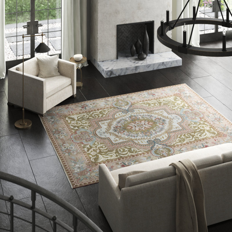 Wool Oriental Area Rug in Beige/Olive Green