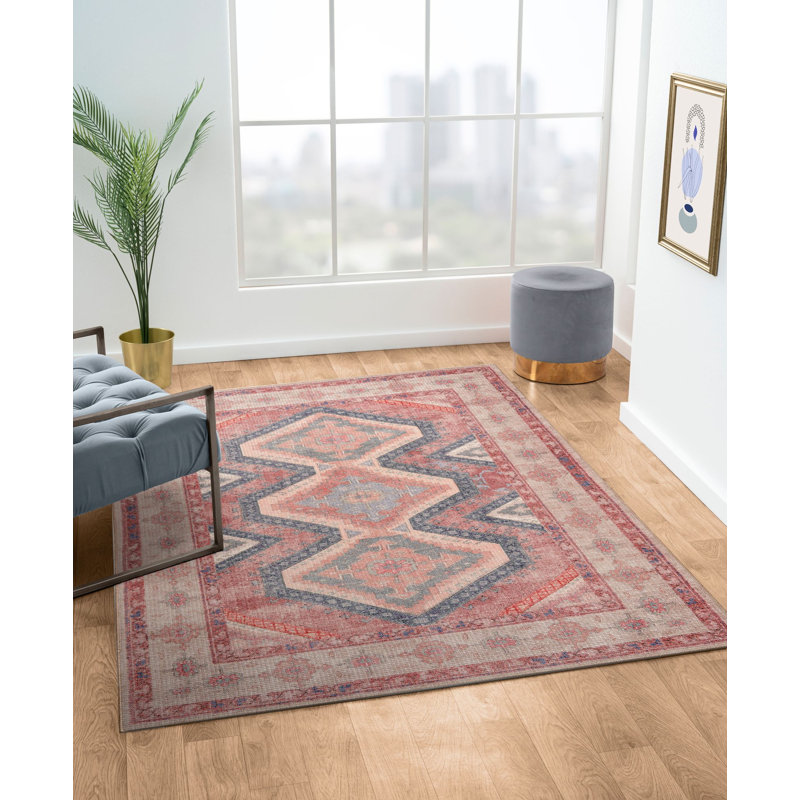 Machine Washable Southwestern Woven Area Rug in Red/Cream/Blue, Rectangle 3'9" x 5'6"