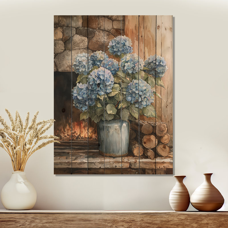 Hortensias près du foyer II - impression d'hortensias sur bois de pin naturel, H 20 po x l 10 po x P 0,78 po