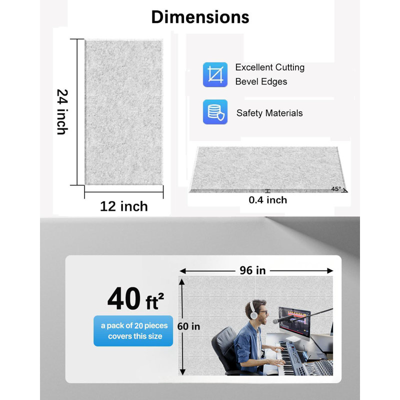 Acoustic Panels 20-Pack Soundproof Wall Panels 24"X12"X0.4" Sound Panels High Density Sound Dampening Panels, Silver Gray