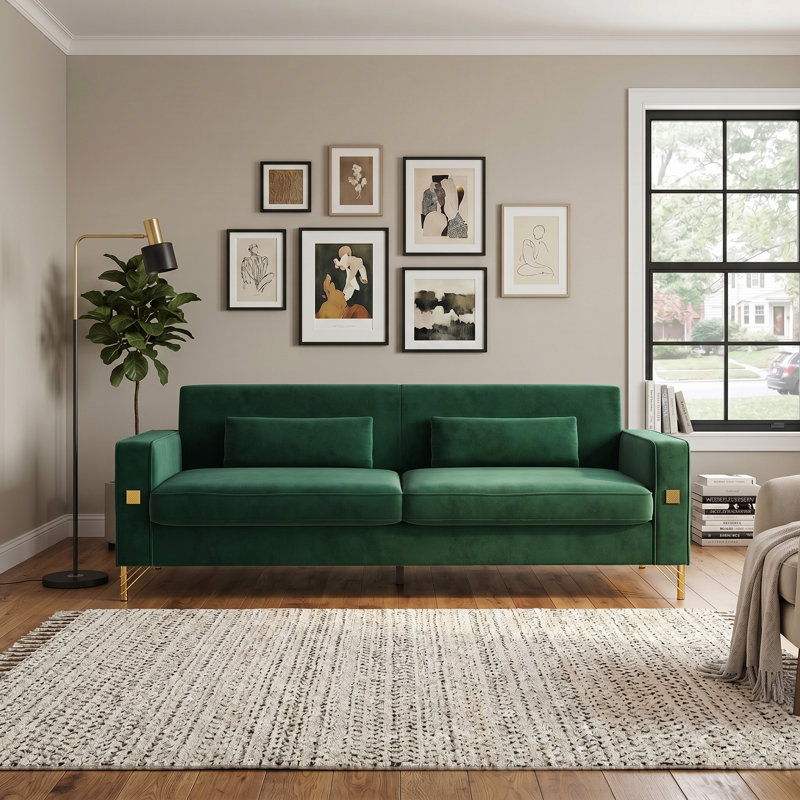 Canapé droit 85,63 po, Retro Green Velvet