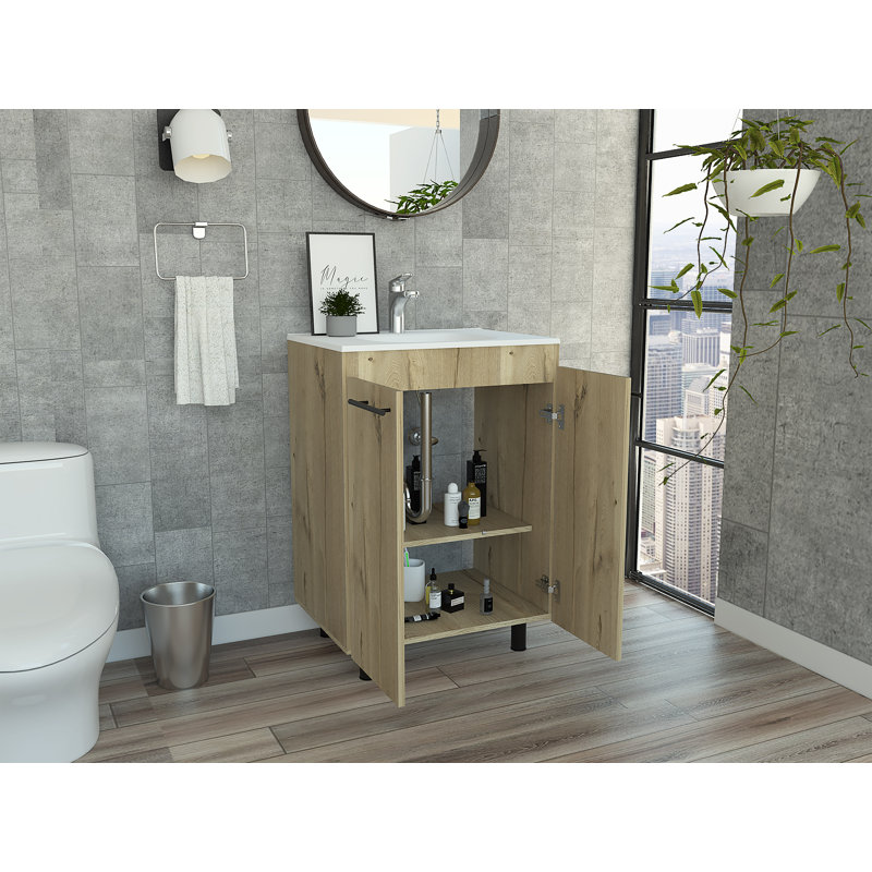 Meuble-lavabo autoportant de 24 po avec tablette interne Selma, blanc, Naturel