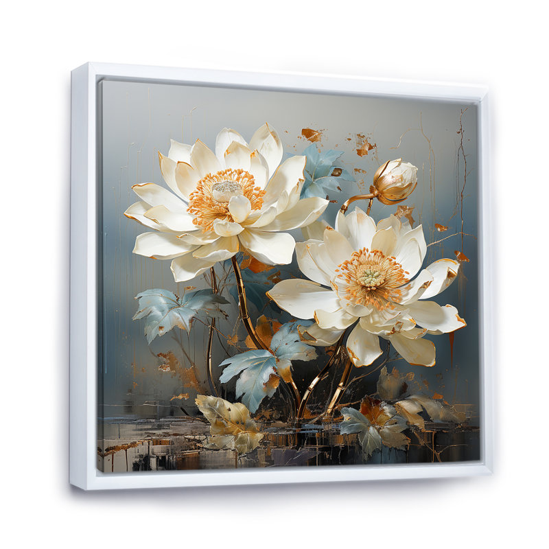 Gilded Tranquility Lotus II - impression, H 16 po x l 16 po x P 1 po, Cadre flottant blanc