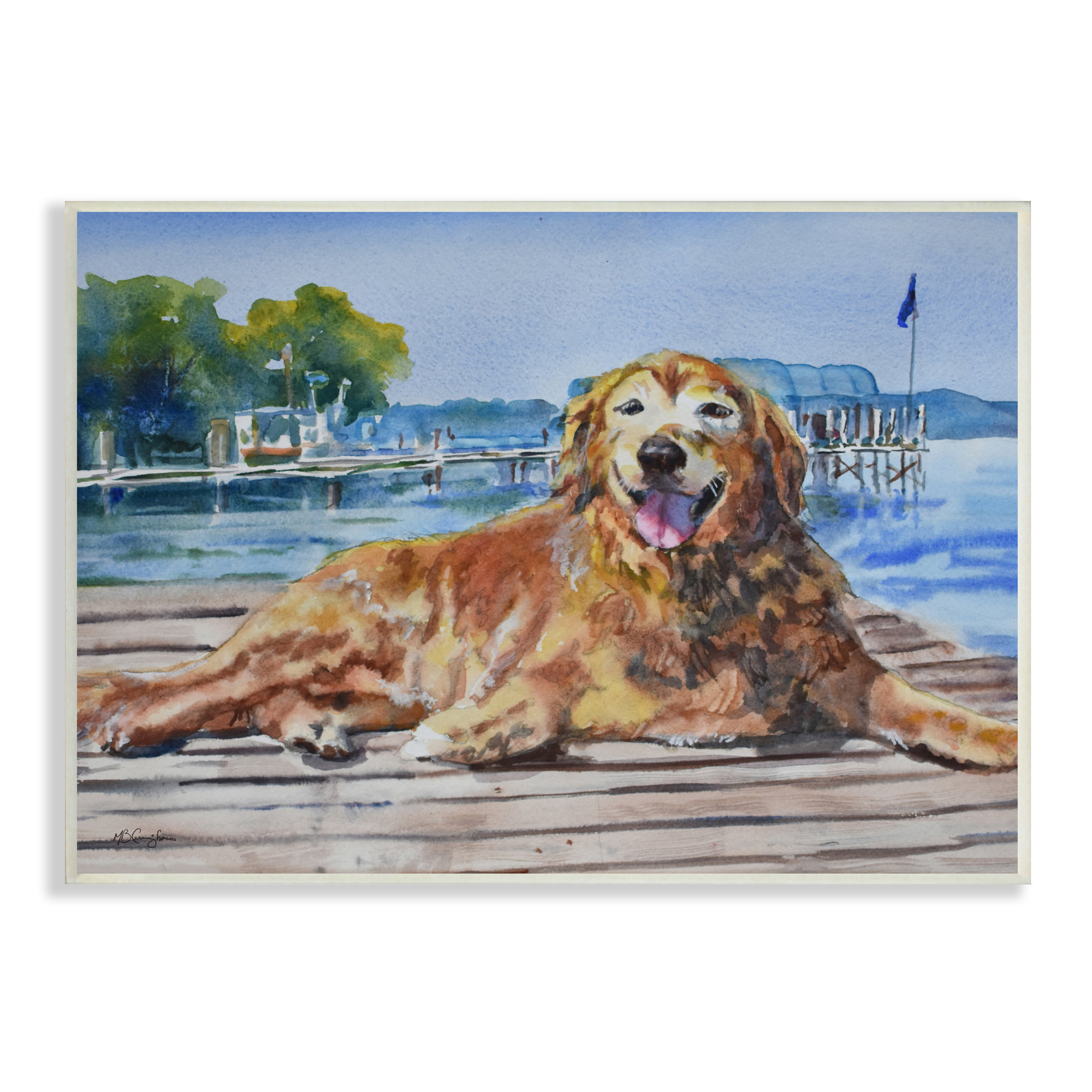 Coastal Waterfront Scenery Golden Retriever Relaxing Dock Framed by MB Cunningham Painting