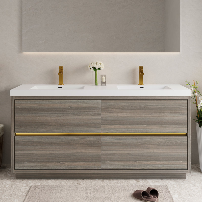 Meuble-lavabo autoportant avec lavabos doubles, tiroirs à fermeture en douceur, Gris cendre