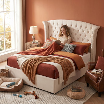 Velvet Tufted Wingback Platform Bed, 2 Storage Drawers, Sprung Slats, No Box Spring Needed