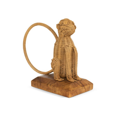 Rattan Monkey Sculpture â€“ Hand Woven Animal Figurine on Wood Stand, Tropical Boho Decor