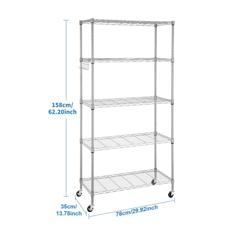 76cm W Metal Shelving Unit with Wheels, Silver