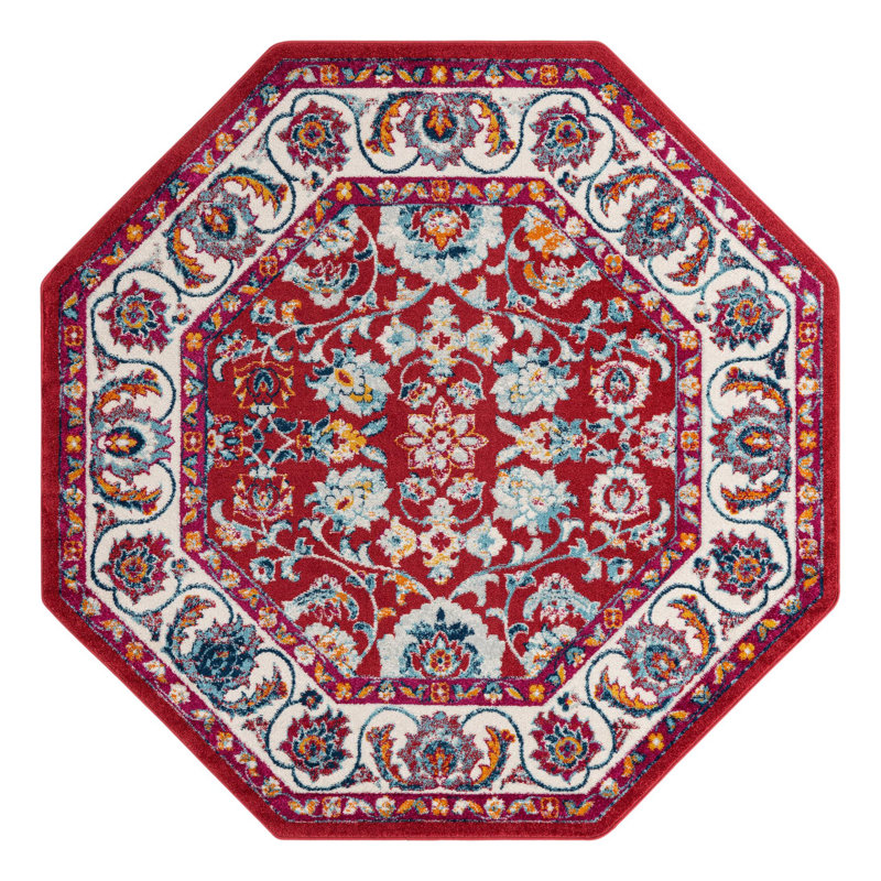 Tapis rouge à motif floral Arenas, Octogone 7 pi x 7 pi