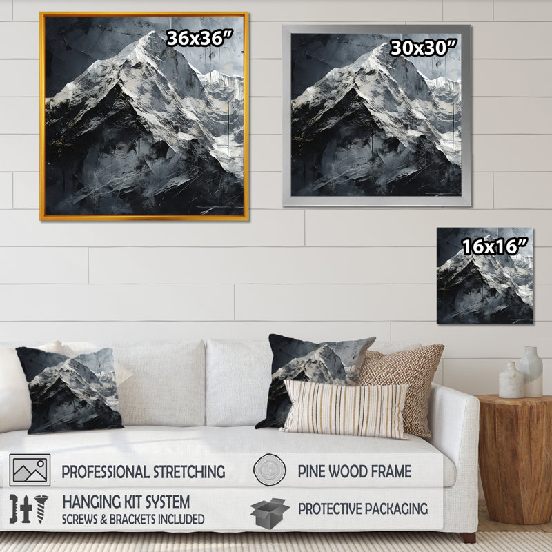 Snowy Mountain Peak sur toile, Cadre simple argenté, H 24 po x l 24 po x P 1 po