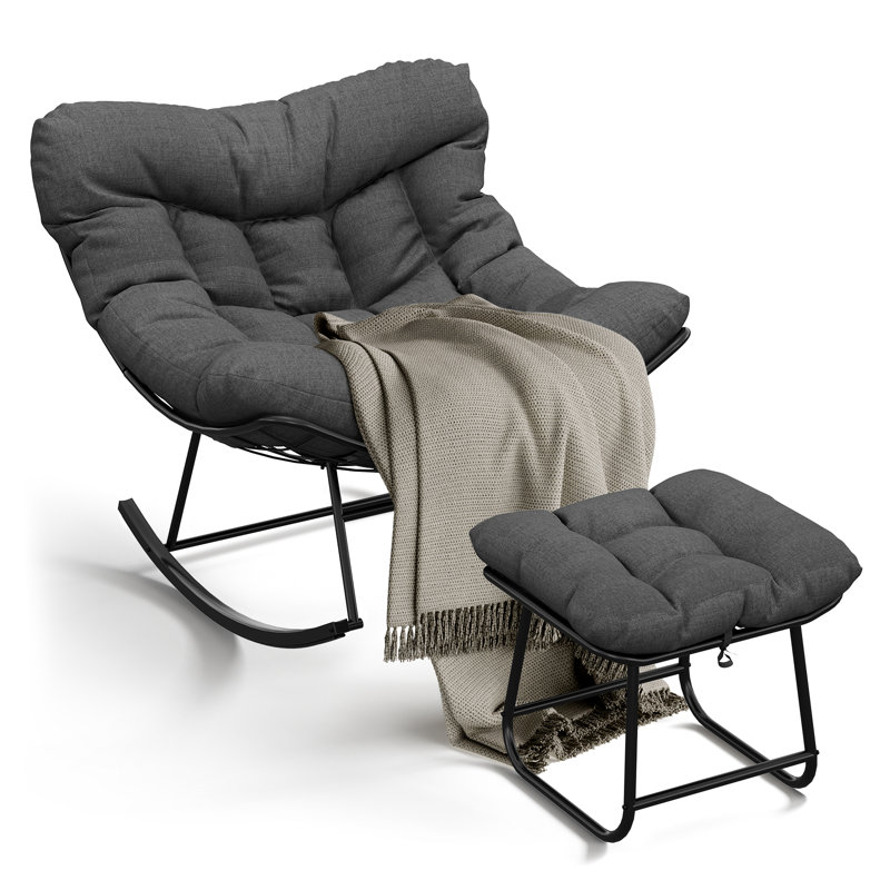 Oversized Outdoor Wicker Rocking Chair with Footstool – Thick Removable Cushion, Sturdy Metal Frame, Comfy Patio Lounge Chair for Garden, Porch, or Living Room