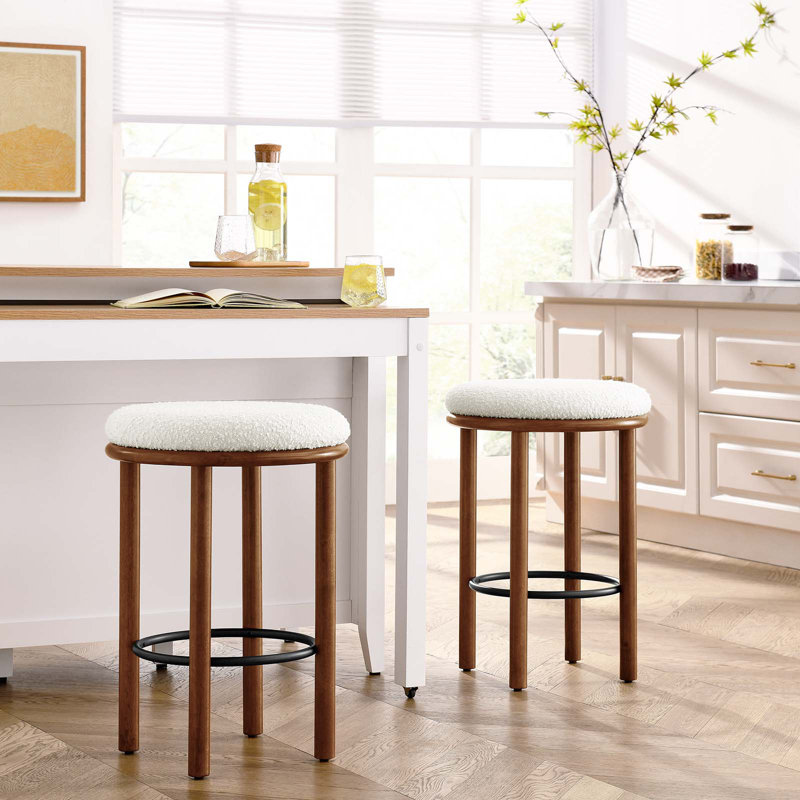 Walnut Ivory Backless Boucle Counter Stools with Wood Legs