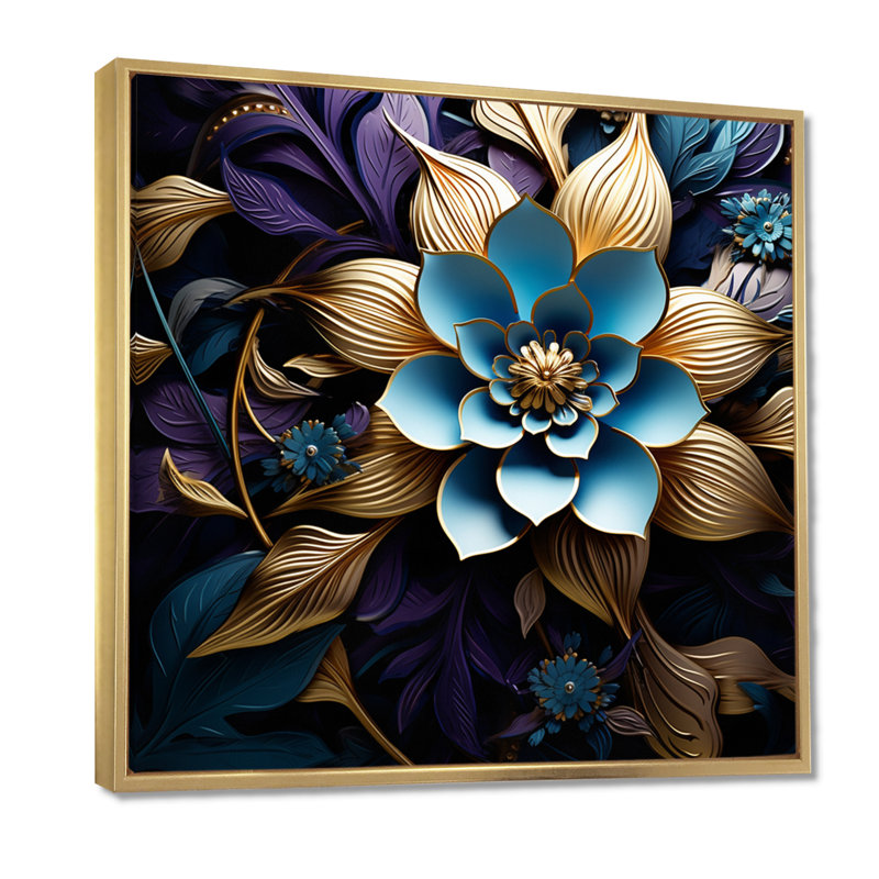 Fleur de lotus bleu feuilles dorées - art mural floral moderne salon, H 30 po x l 30 po x P 1 po