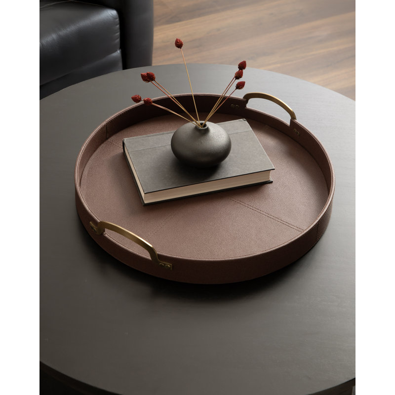 Round Vegan Leather Tray with Handles, Brown