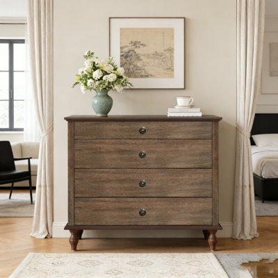 Large 4-Drawer Chest With Solid Wood, Brushed Deep Brown Finish, And Metal Knobs For Bedroom And Nursery