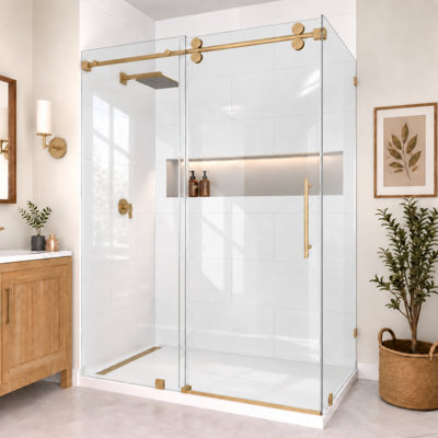Cabine de douche d'angle coulissante sans cadre RadianceRP, 173-183 cm L x 94 cm P x 193 cm H, en bronze brossé et verre transparent