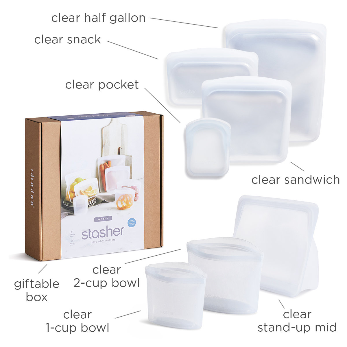 Variety 7-Piece Food Storage Bag Set, Clear