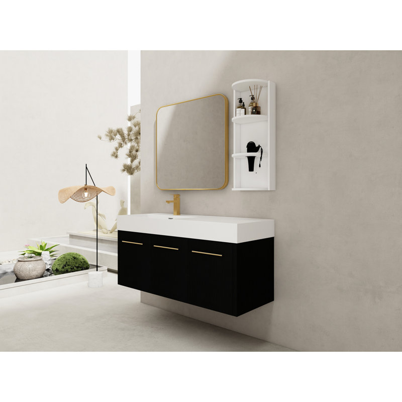 Meuble-lavabo de salle de bain avec lavabo de 48 pouces, lavabo en résine à bord épais, support de rangement assorti et finition châtaignier noir