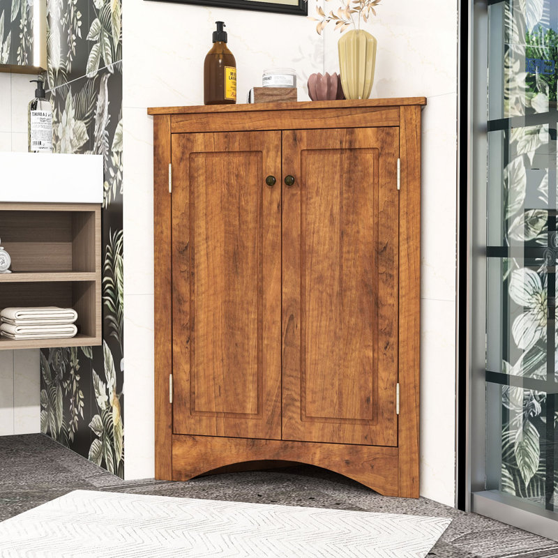 Freestanding Wooden Corner Bathroom Storage Cabinet with Door and Adjustable Shelves, Brown