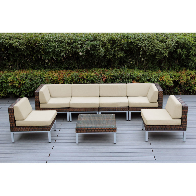 Ravshan 6 - Person Patio Conversation Set with Cushions, Sunbrella Antique Beige, Mixed Brown