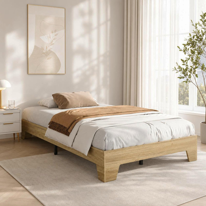 Cadre de lit plateforme en bois de format California King, profil bas, avec lattes en bois silencieuses, Tan Twin-XL