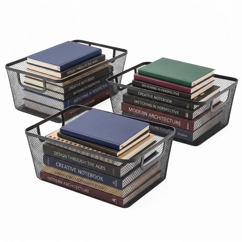Ensemble de 3 paniers de rangement en fil métallique avec poignées - Paniers de rangement robustes en maille de fer noir - Paniers empilables et polyvalents pour livres et documents