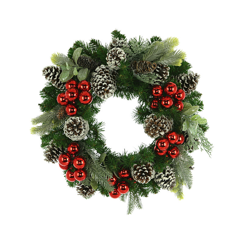 22" Evergreen Holiday Wreath With Ornaments And Assorted Pinecones