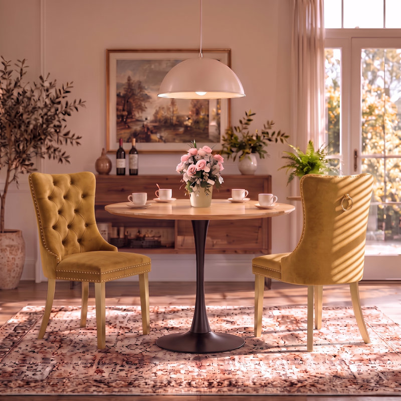 Ensemble de salle à manger rond 3 pièces avec 2 chaises rembourrées, Oak Wood/Black, Gold/Gold