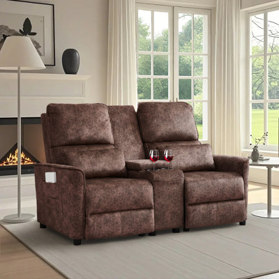 Manual Push Back Reclining Loveseat Sofa With Center Console & Cup Holders for Living Room