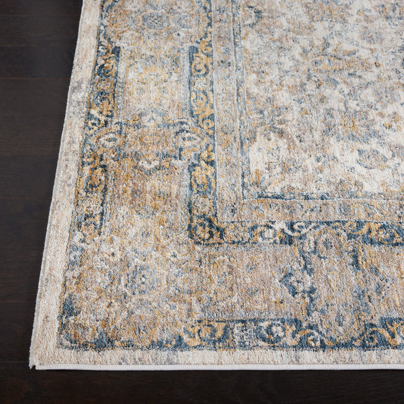 Ivory and Blue Hand-knotted Synthetic Area Rug, 4' x 6'2"