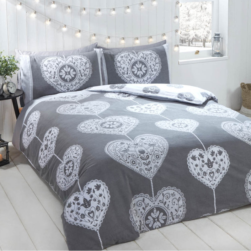 Bianca Festive Hearts Duvet Cover Set, Grey, Single - 1 Standard Pillowcase
