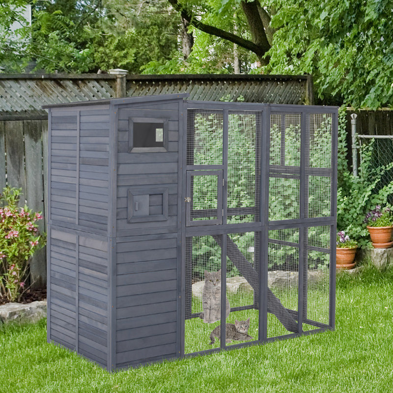 Gray Wooden Outdoor Cat House with Platforms and Ramps
