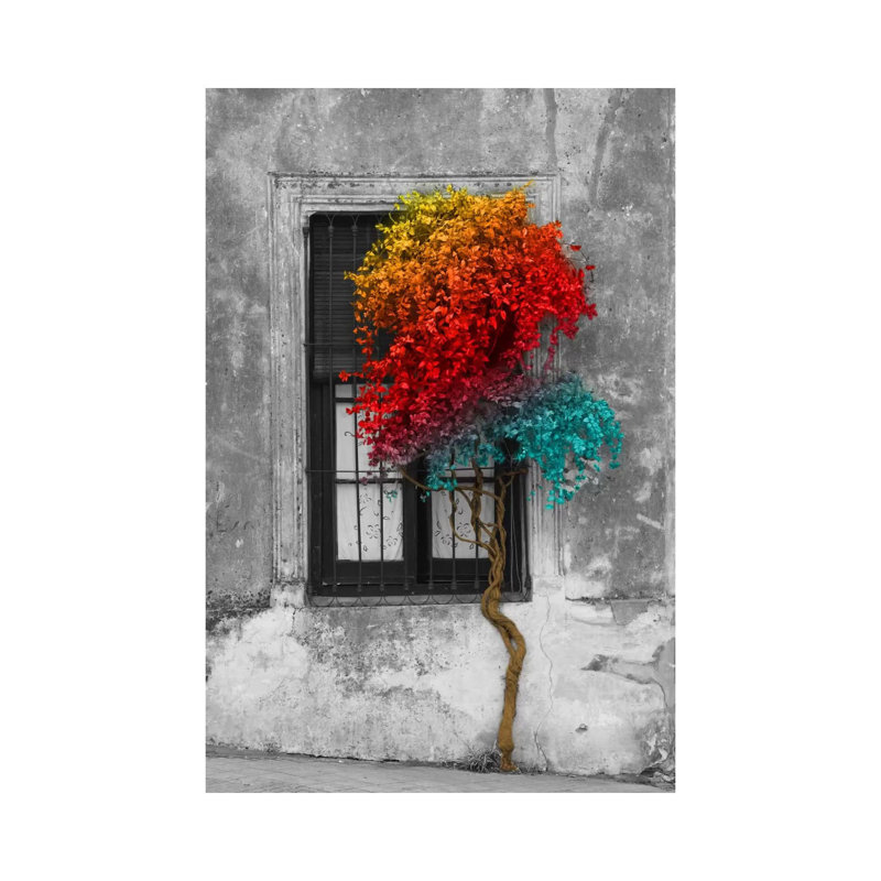 Arbre en face de la fenêtre arc-en-ciel couleur pop - giclée sur toile tendue avec châssis