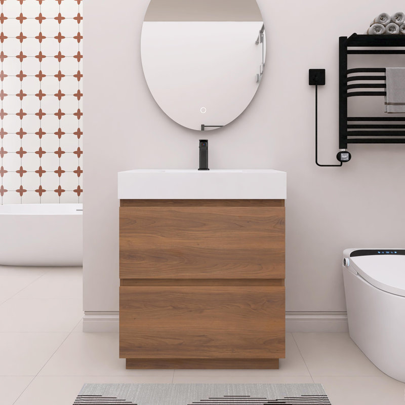 Meuble-lavabo simple autoportant 30 po avec plateau en résine, Brun