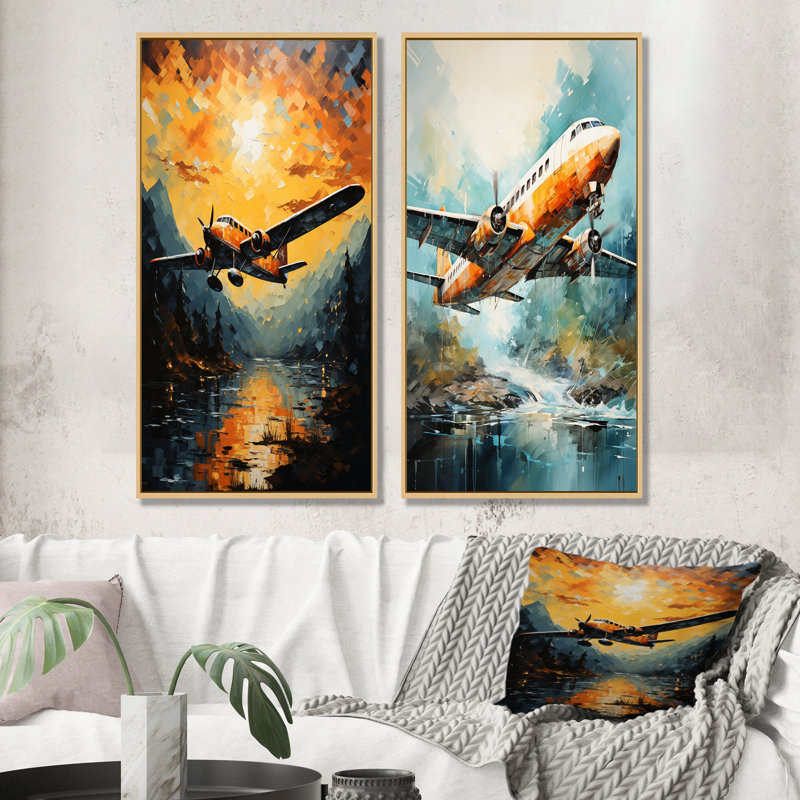 «In Flight Plane Horizons» - ensemble de 2 pièces d'art mural, H 40 po x l 41 po, Encadrement brun