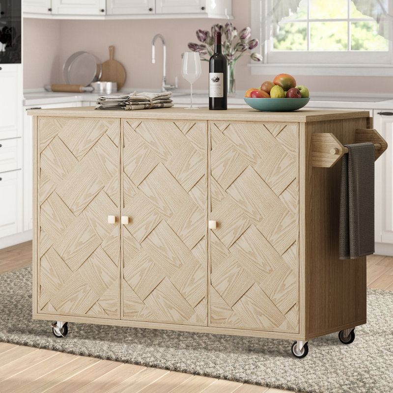 Solid Wood Handwoven Kitchen Island With Drop Leaf, Natural Wood