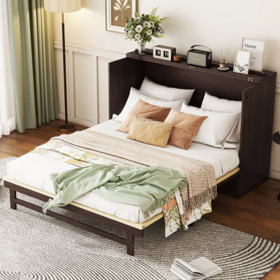 Murphy Bed, Pine Wood Cabinet Bed With Rattan Decoration And Storage Drawer