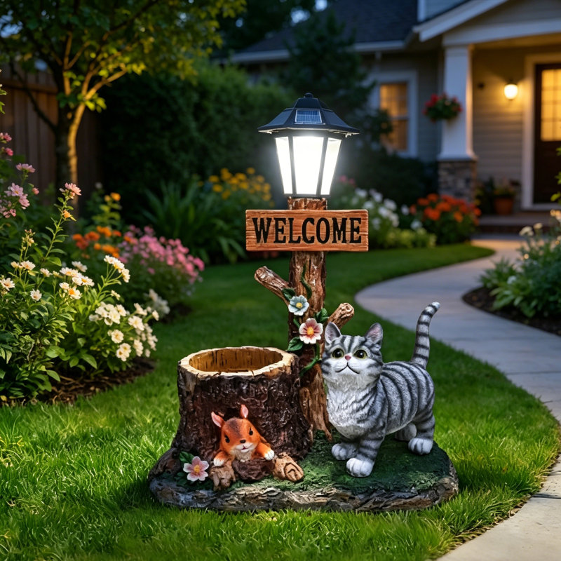 Statue de jardin à énergie solaire pour chat avec jardinière