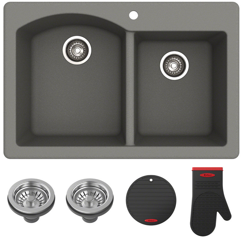 Gray 33'' Dual Bowl Granite Drop-In Kitchen Sink